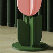 Scandinavian Wood/Glass Top End Table Dia 15.75" Tulip Shape Side Table in Green - 1 Pink/Green Clear
