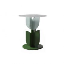 Scandinavian Wood/Glass Top End Table Dia 15.75" Tulip Shape Side Table in Green - 1 Pink/Green Clear