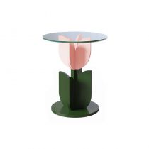 Scandinavian Wood/Glass Top End Table Dia 15.75" Tulip Shape Side Table in Green - 1 Pink/Green Clear